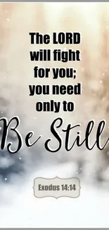 Inspirational "Be Still" quote on serene background.